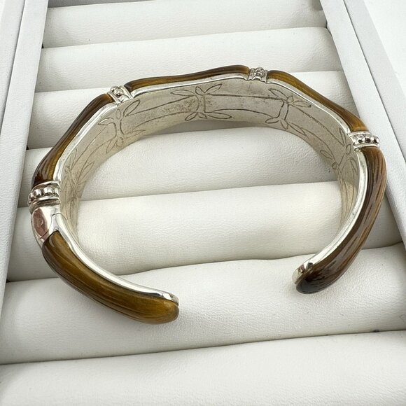 Whitney Kelly Bracelet Cuff Tigers Eye Bamboo Hinged Sterling Silver 54g QVC - Picture 7 of 13